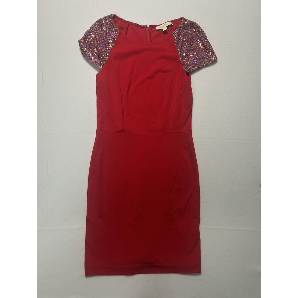 ERIN red knee length dress with sequin shoulders, size 8